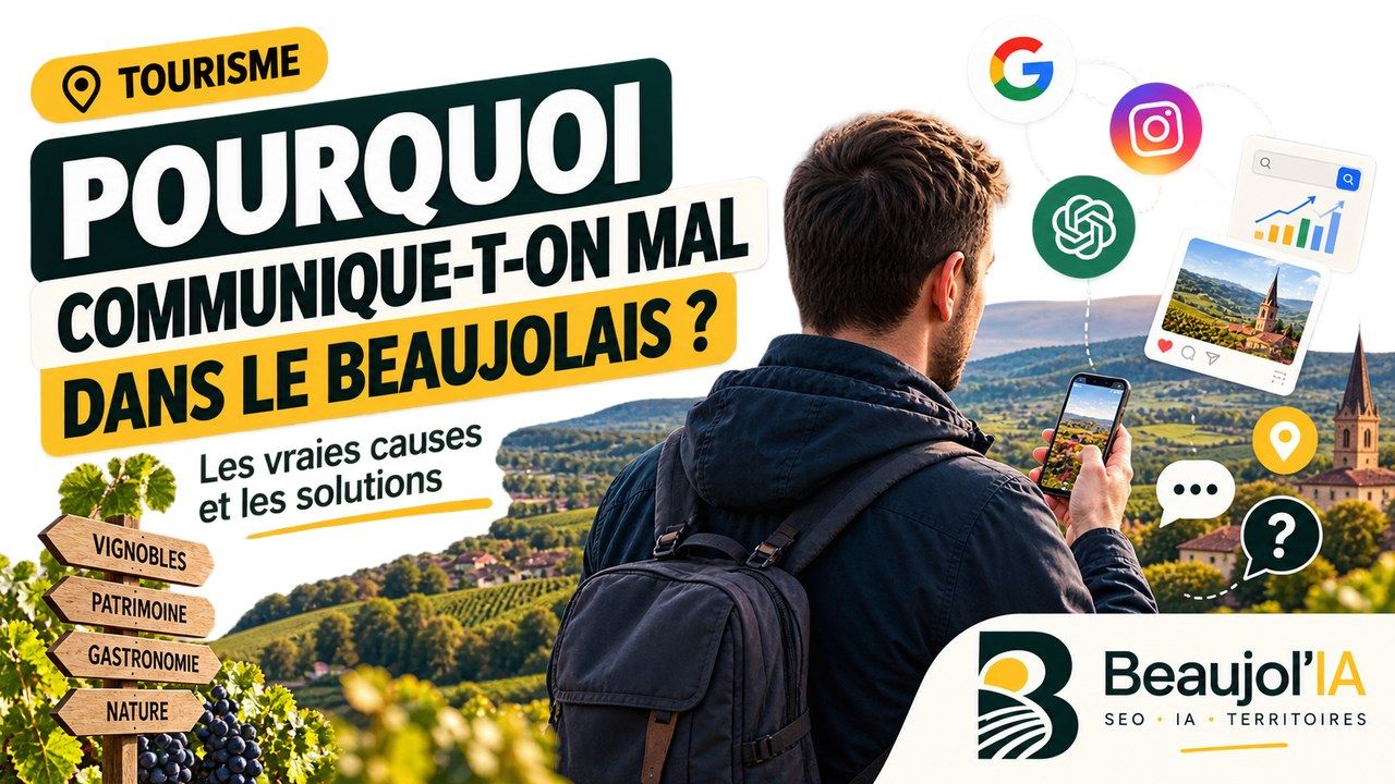 Miniature de la vidéo Beaujolia « Pourquoi les IA ignorent le Beaujolais » : un visiteur face au vignoble et les canaux Google, ChatGPT et Instagram